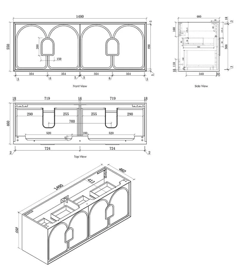 Laguna 1500mm Wall Hung Vanity Cabinet Specification