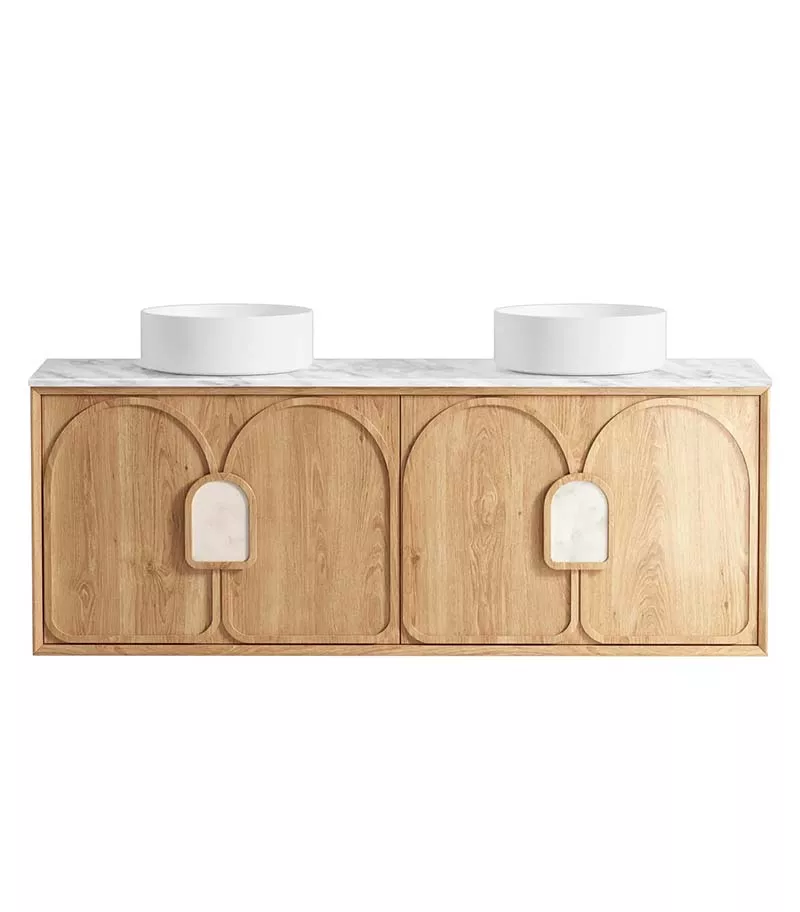 Laguna Natural American Oak 1500mm Wall Hung Vanity Cabinet Carrara Marble Top
