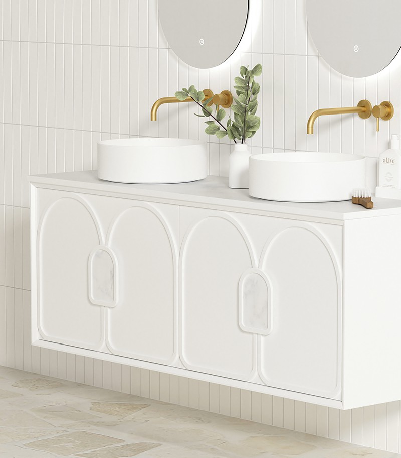 Laguna Satin White 1500mm Wall Hung Vanity Cabinet Pure White Stone Top and Open Sideview