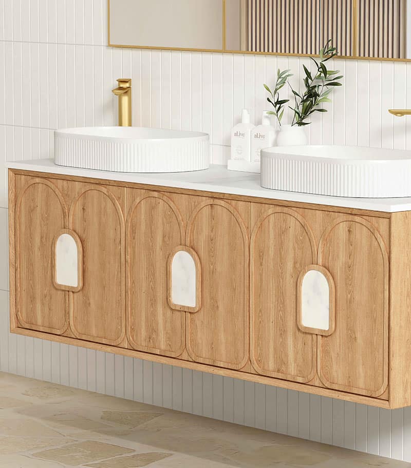 Laguna Natural American Oak 1800mm Wall Hung Vanity Cabinet Pure White Stone Top