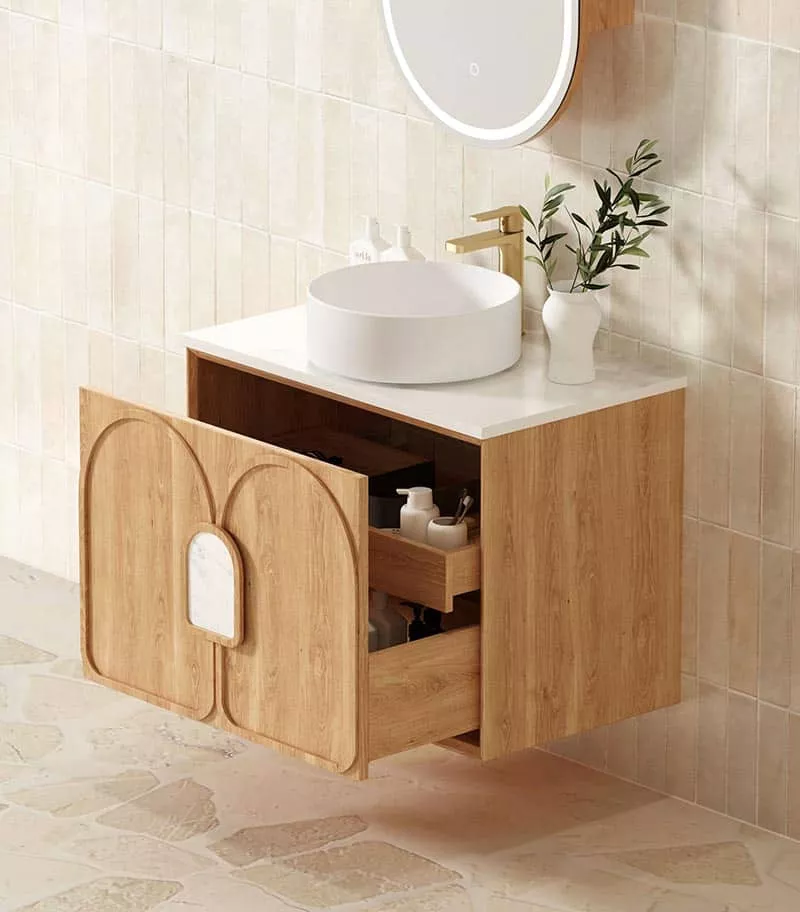 Laguna Natural American Oak 750mm Wall Hung Vanity Cabinet Open Door