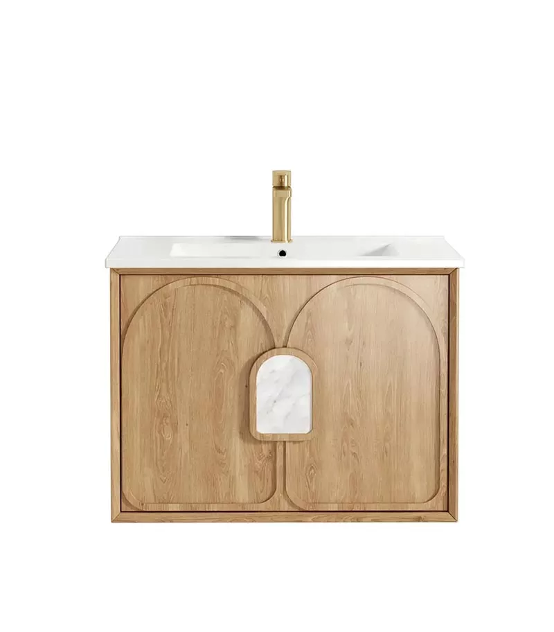 Laguna Natural American Oak 750mm Wall Hung Vanity Cabinet + Ceramic Top