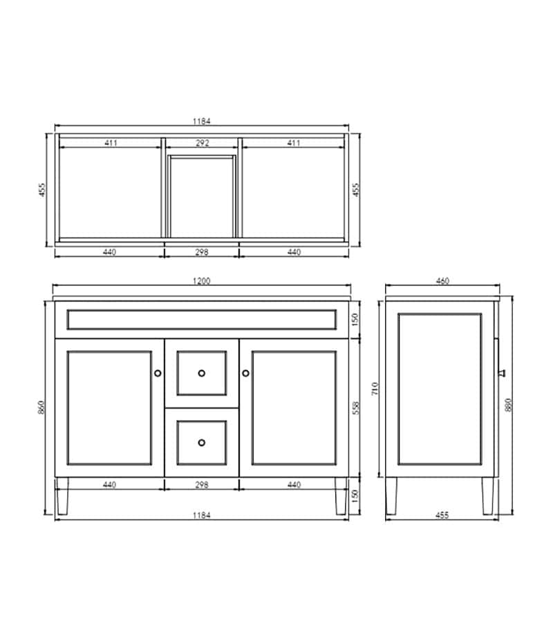 Harrington 1200mm Freestanding Vanity | Middle Drawers - Matt White Specification Harrington 1200mm Freestanding Vanity | Middle Drawers - Matt White Specification