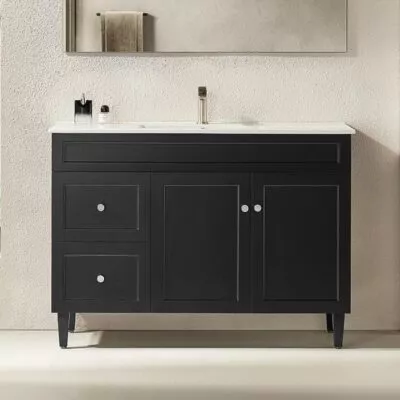 Harrington Matt Black 1200mm Single Bowl PVC Freestanding Vanity With Ceramic Top LH Drawers