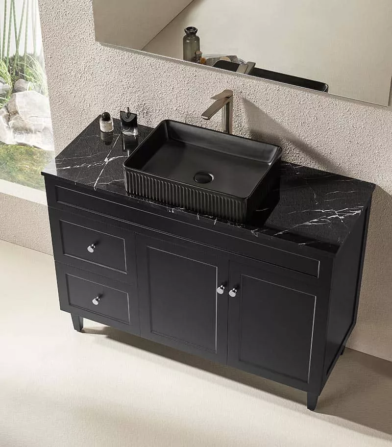 Harrington Matt Black 1200mm Single Bowl PVC Freestanding Vanity With Marble Stone Top LH Topview