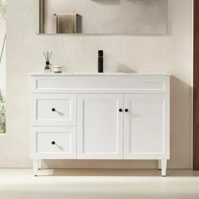 Harrington Matt White 1200mm Single Bowl PVC Freestanding Vanity Ceramic Top LH Drawers