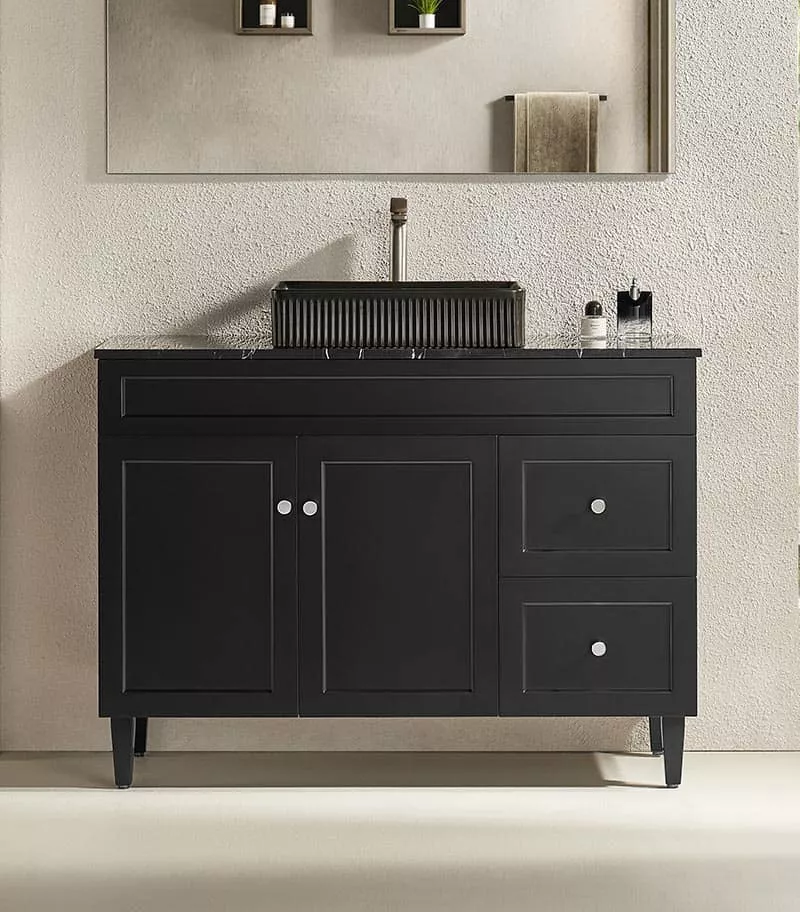 Harrington Matt Black 1200mm Single Bowl PVC Freestanding Vanity With Marble Stone Top RH Drawers