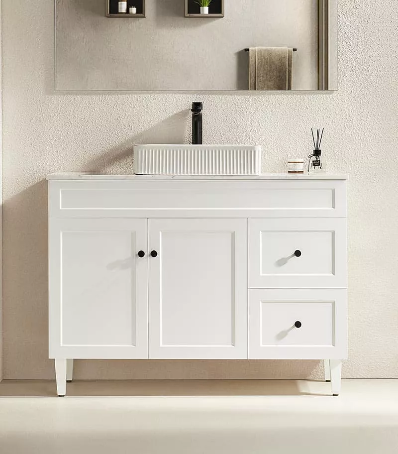 Harrington Matt White 1200mm Single Bowl PVC Freestanding Vanity Stone Top RH Drawers