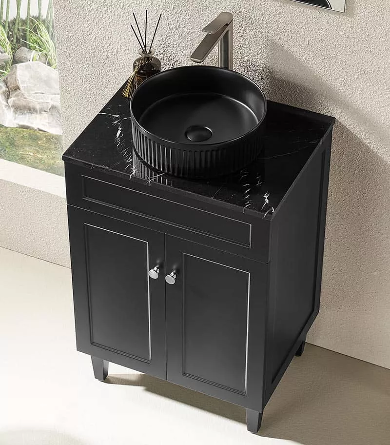 Harrington Matt Black 600mm PVC Freestanding Vanity With Stone Top Topview