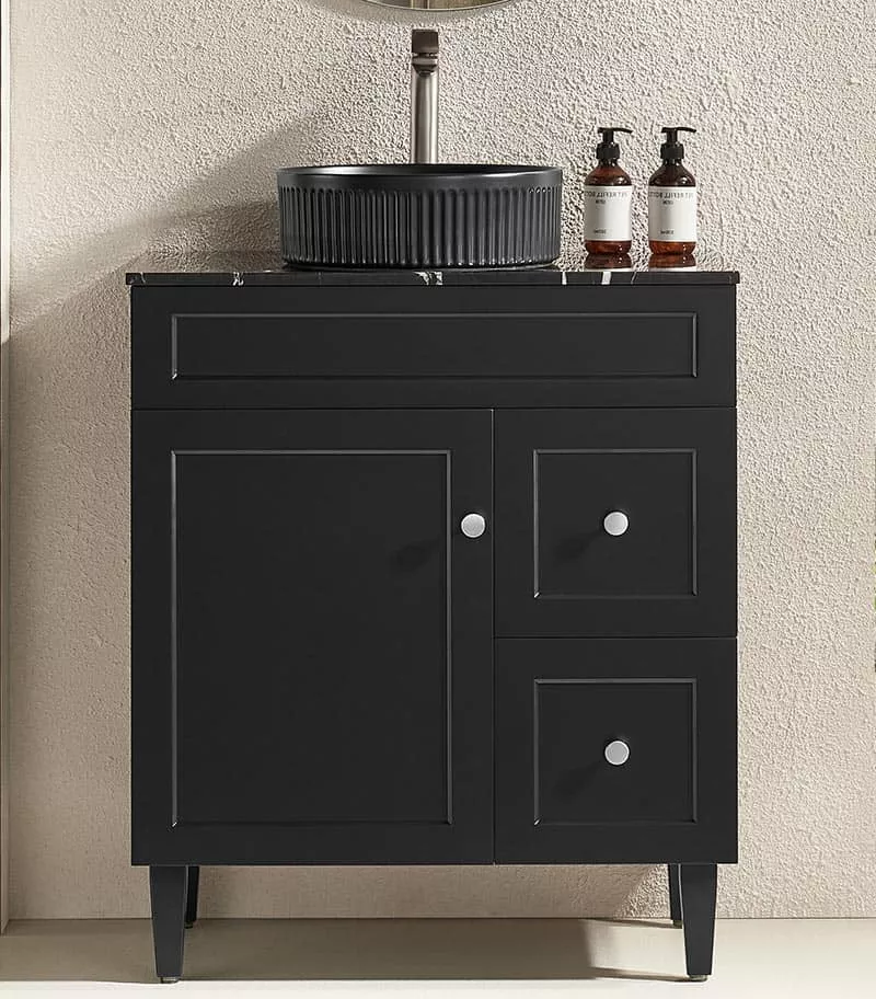 Harrington Matt Black 750mm PVC Freestanding Vanity Marble Stone Top RH Drawers Harrington Matt Black 750mm PVC Freestanding Vanity Marble Stone Top RH Drawers