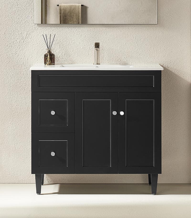 Harrington Matt Black 900mm PVC Freestanding Vanity With Ceramic Top LH Drawers