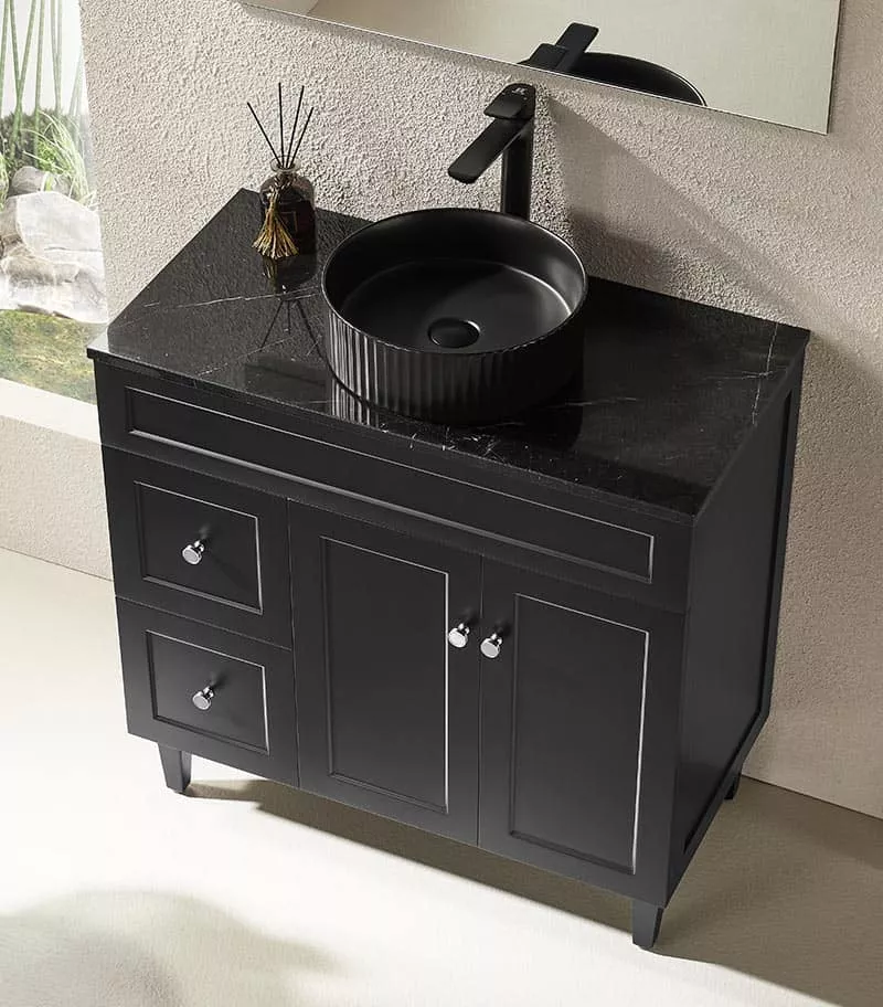 Harrington Matt Black 900mm PVC Freestanding Vanity With Marble Stone Topview Harrington Matt Black 900mm PVC Freestanding Vanity With Marble Stone Topview