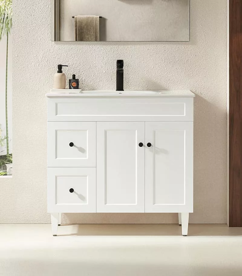 Harrington Matt White 900mm PVC Freestanding Vanity Ceramic Top LH Drawers