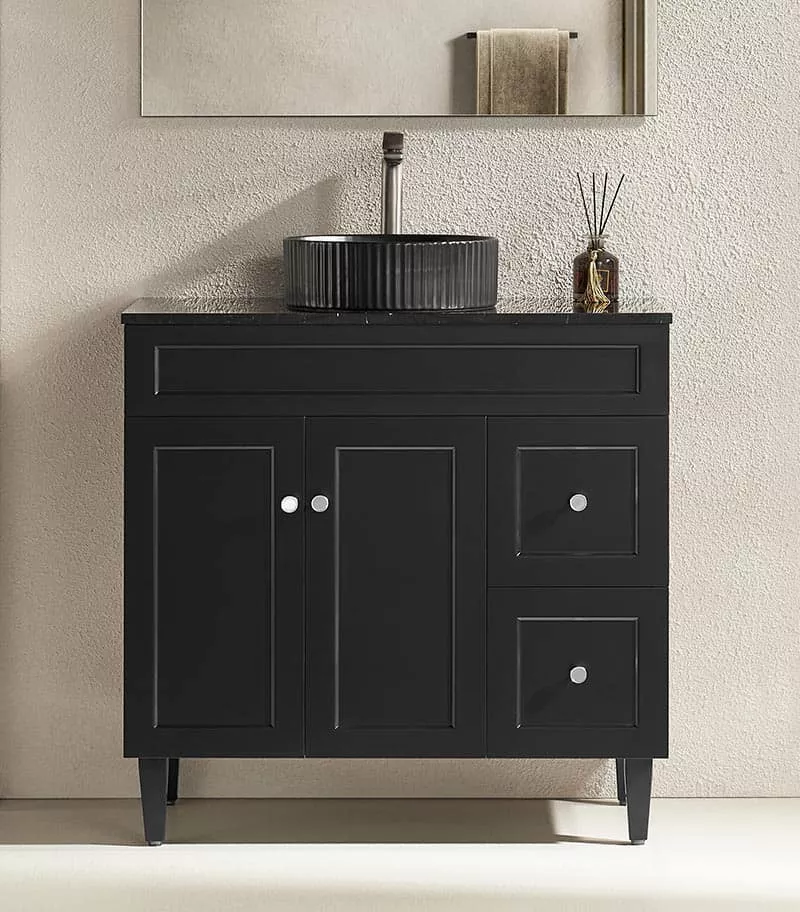 Harrington Matt Black 900mm PVC Freestanding Vanity With Marble Stone Top RH Drawers Harrington Matt Black 900mm PVC Freestanding Vanity With Marble Stone Top RH Drawers