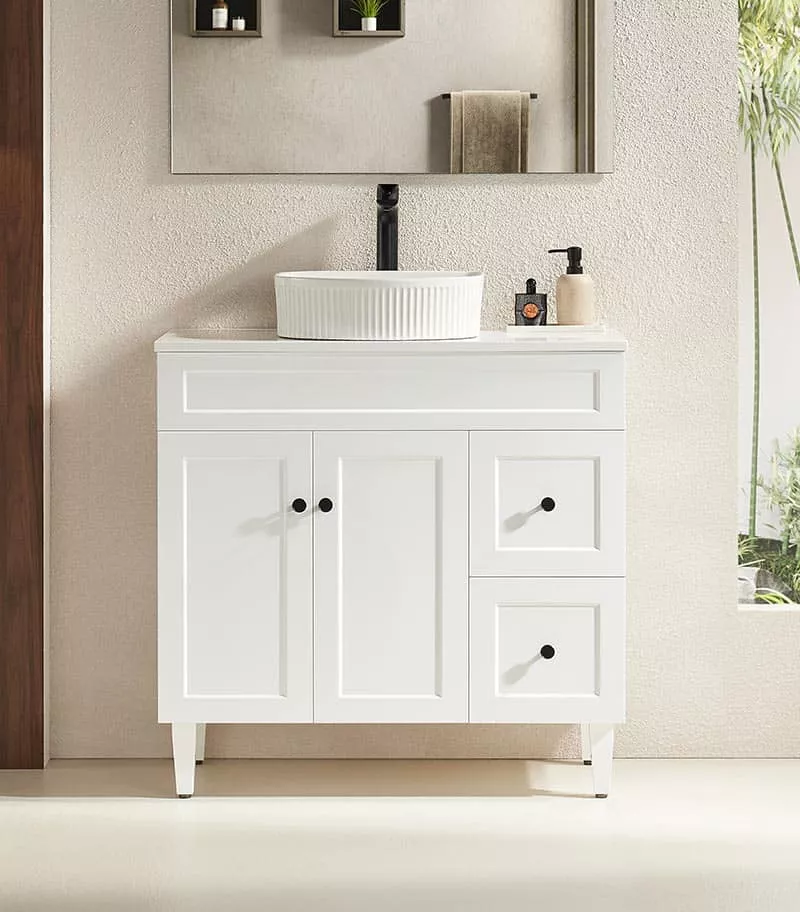 Harrington Matt White 900mm PVC Freestanding Vanity Stone Tops RH Drawers