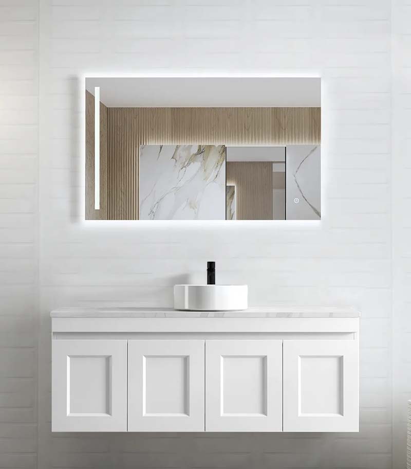 Hampton Shaker Matt White Single Bowl 1200mm Plywood Wall Hung Vanity Carrara Marble Top