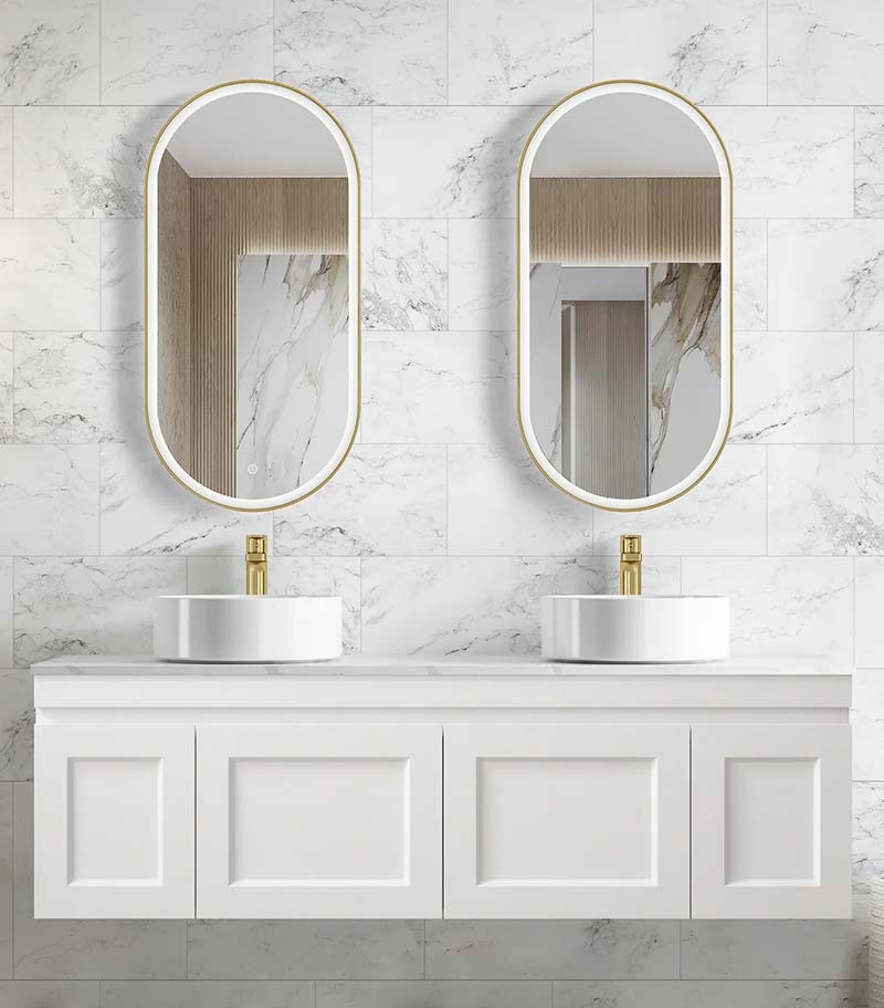 Hampton Shaker Matt White Double Bowls 1500mm Plywood Wall Hung Vanity Carrara Marble Top