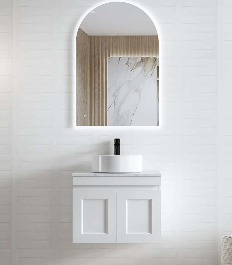 Hampton Shaker Matt White 600mm Plywood Wall Hung Vanity Carrara Marble Top