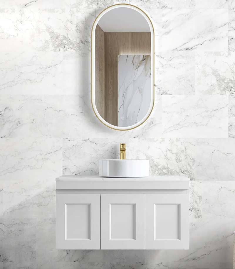 Hampton Shaker Matt White 900mm Plywood Wall Hung Vanity Carrara Marble Top