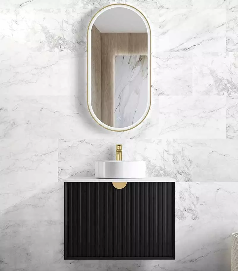 Marlo Matt Black 750/900mm Plywood Wall Hung Vanity With Natural Carrara Stone Top