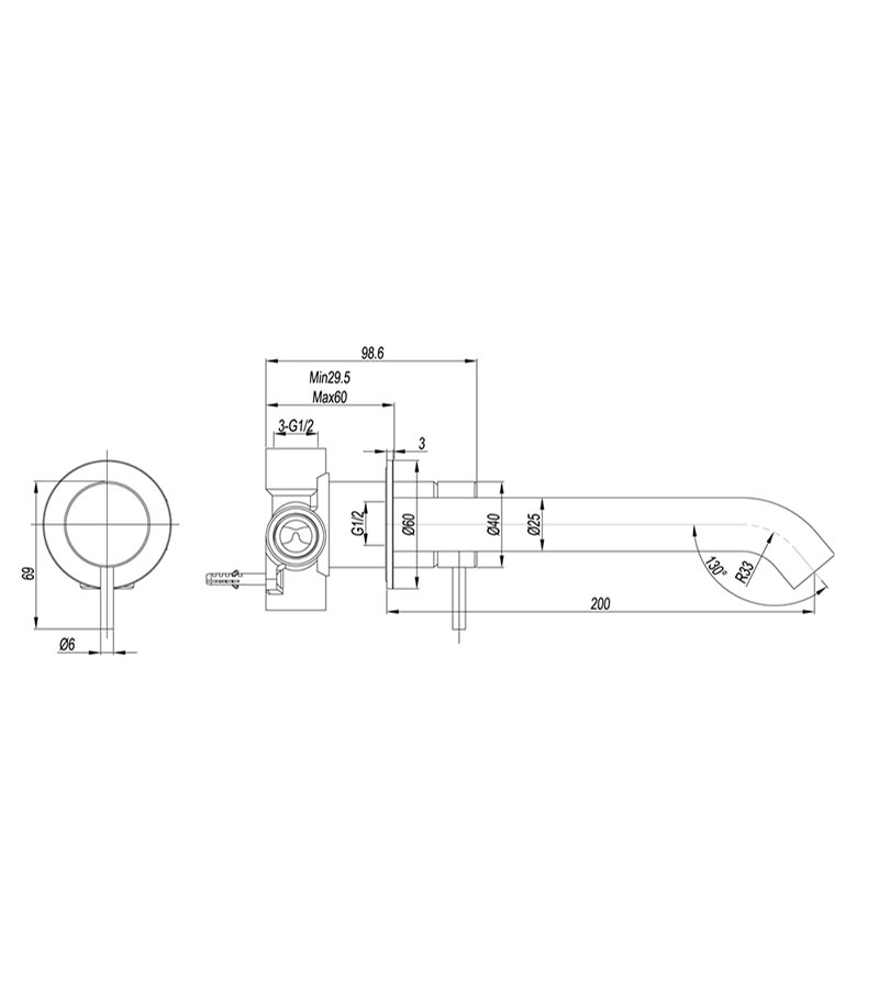 Elle 316 Stainless Steel Wall Outlet Mixer Specification