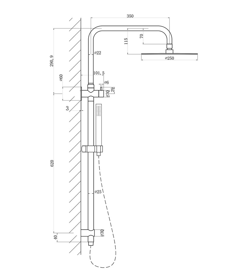 Elle 316 Stainless Steel Twin Shower On Rail Specification