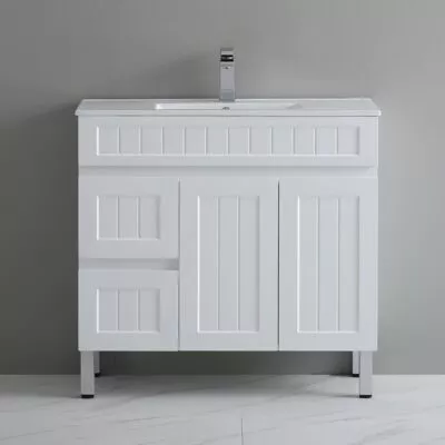 Acacia Shaker 900mm Freestanding Vanity – Matt White LH Drawers