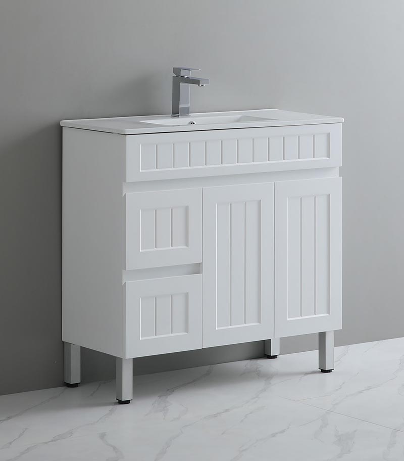 Acacia Shaker 900mm Freestanding Vanity – Matt White LH Drawers Sideview