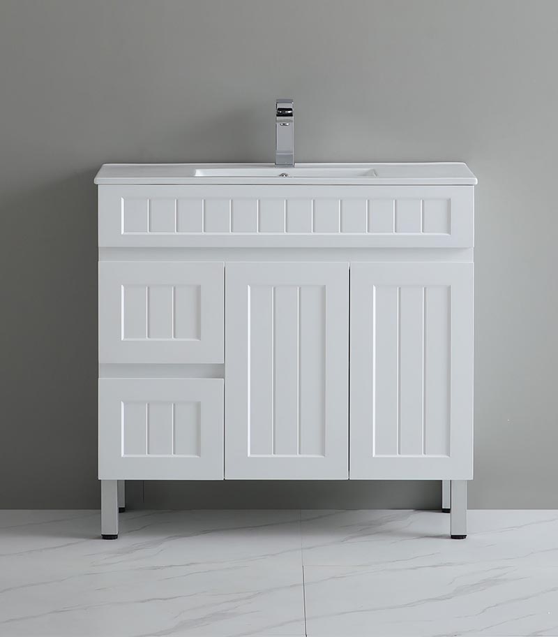 Acacia Shaker 900mm Narrow Freestanding Vanity – Matt White Left Hand Drawer