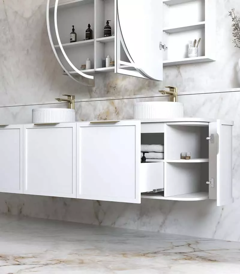 Hampshire 1800mm Wall Hung Vanity - Satin White Open Door