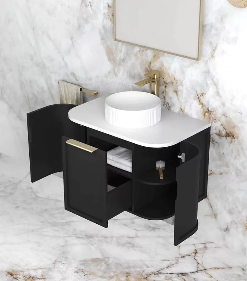 Hampshire 750mm Wall Hung Vanity – Satin Black Open Door Hampshire 750mm Wall Hung Vanity – Satin Black Open Door