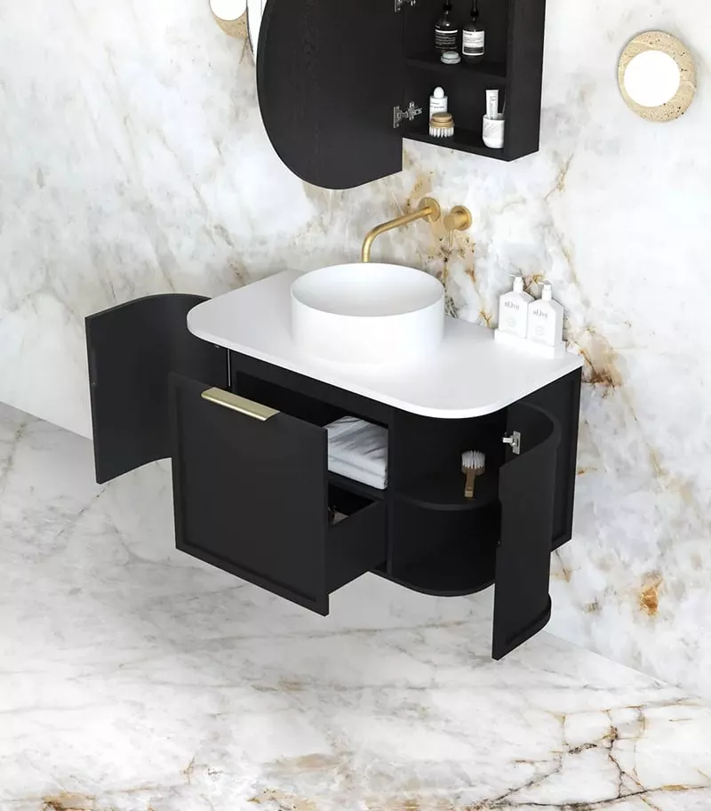 Hampshire 900mm Wall Hung Vanity – Satin Black Open Door Hampshire 900mm Wall Hung Vanity – Satin Black Open Door