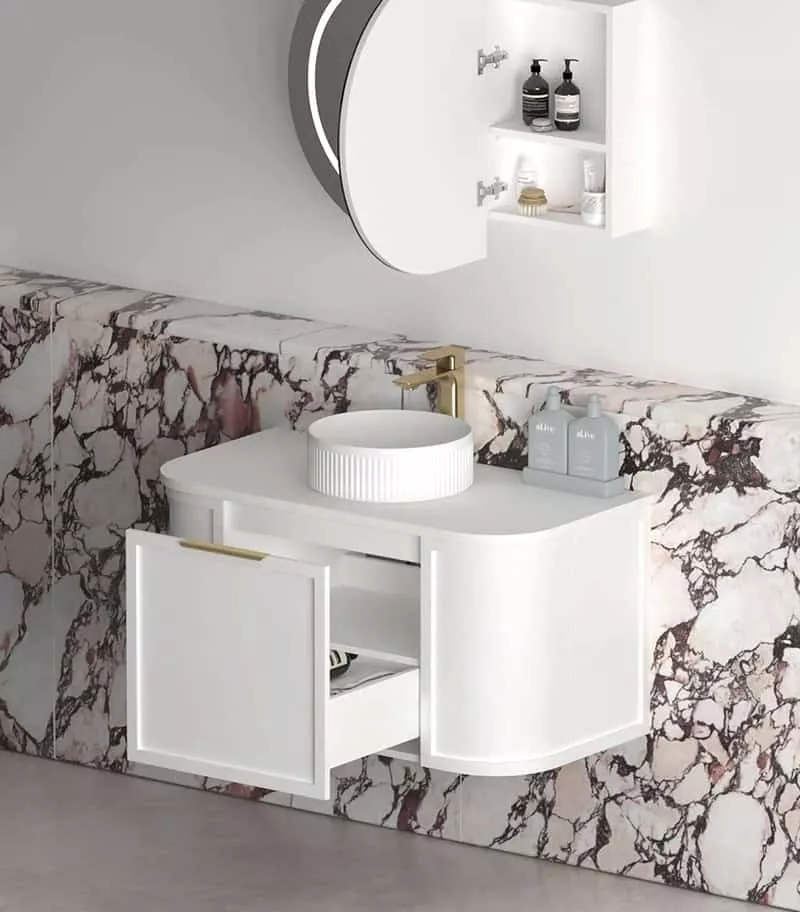 Hampshire 900mm Wall Hung Vanity - Satin White Open Door Hampshire 900mm Wall Hung Vanity - Satin White Open Door