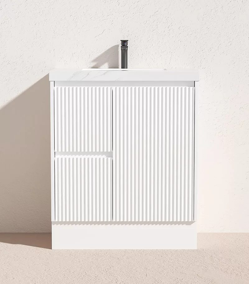 Brighton 750mm Freestanding Vanity - Matt White LH Drawers Sintered Stone Top