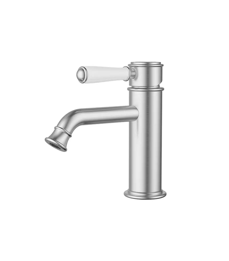 IKON Clasico Ceramic Handle Short Basin Mixer – Brushed Nickel