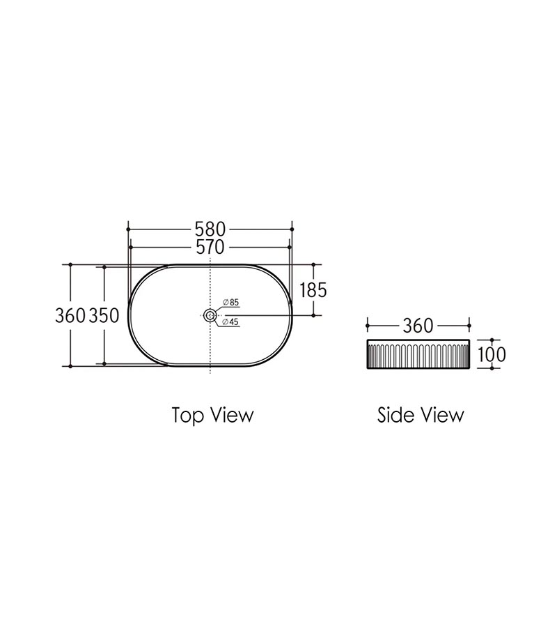 Kensington 580mm Fluted Oval Above Counter Ceramic Basin Specification