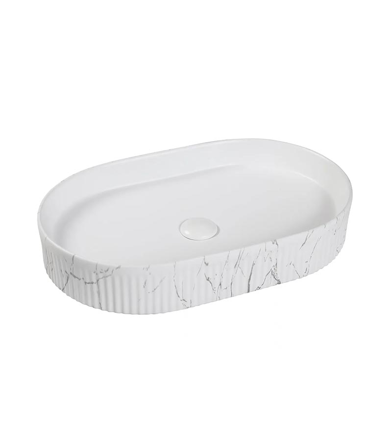 Kensington 580mm Matt White Carrara Fluted Oval Above Counter Ceramic Basin