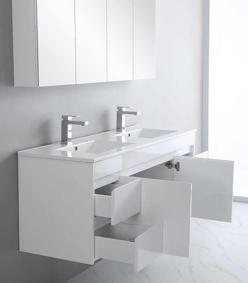 Bexley 1500mm Double Bowls Wall Hung Vanity - Gloss White Sideview