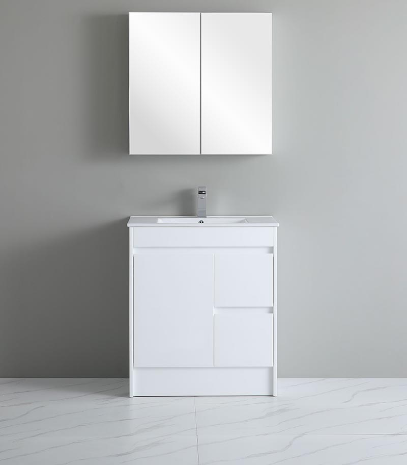 Bexley 750mm Freestanding Vanity On Kickboard - Gloss White RH Drawers Sideview