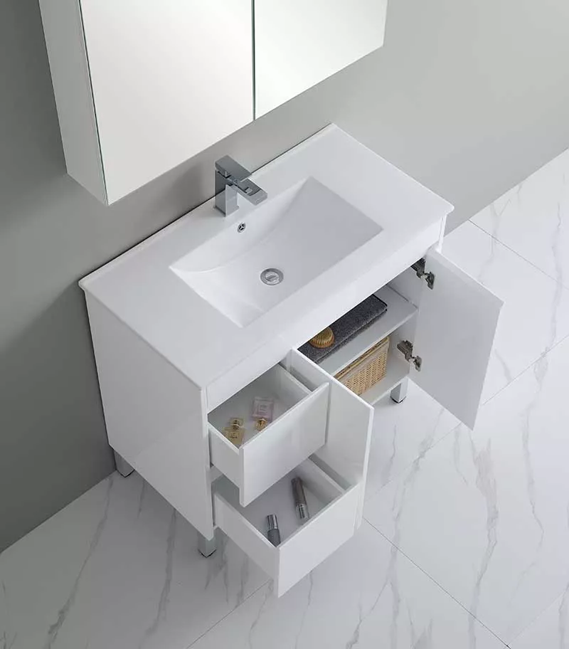 Bexley 900mm Freestanding Vanity On Legs - Gloss White LH Drawers Interior