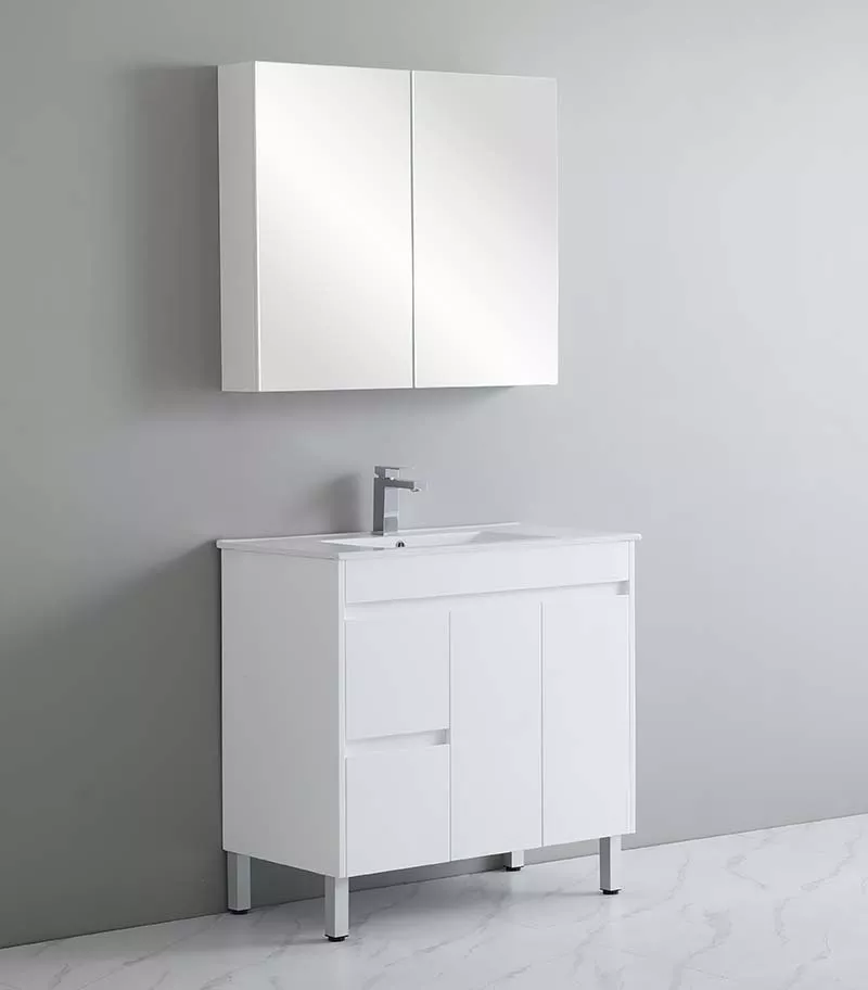 Bexley 900mm Freestanding Vanity On Legs - Gloss White LH Drawers Sideview