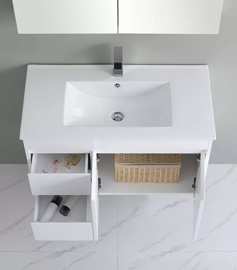 Bexley 900mm Wall Hung Vanity - Gloss White LH Drawers Topview