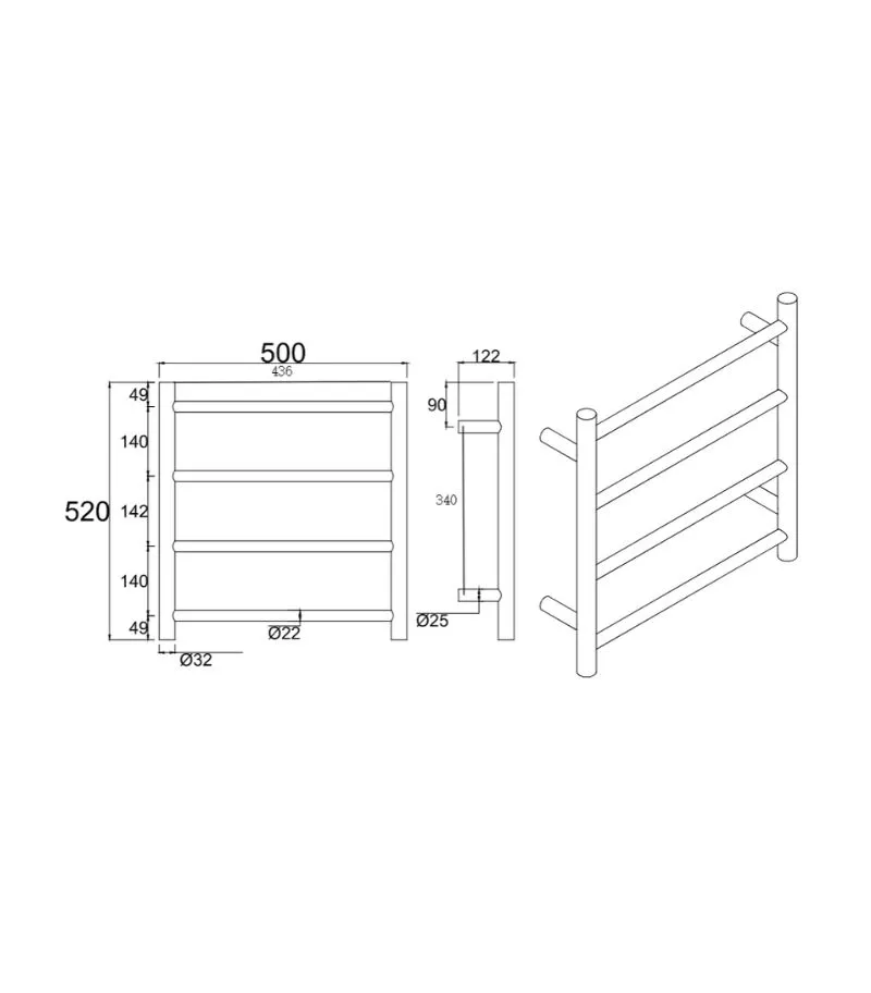 Aqua Round Heated Towel Rack 4 Bars Specification