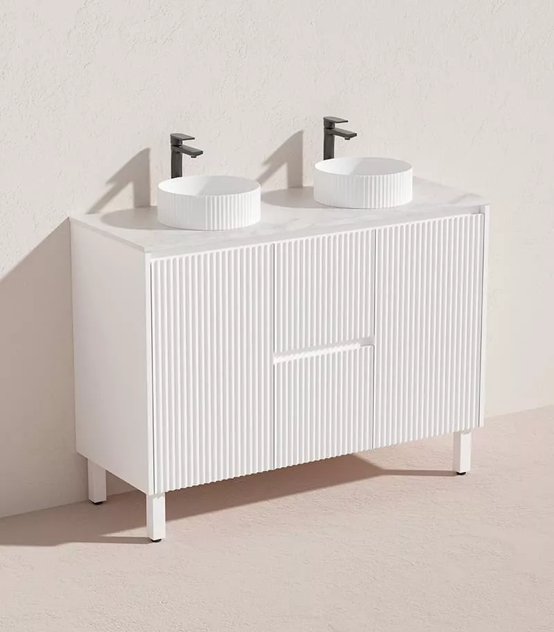 Brighton 1200mm Double Bowls Freestanding Vanity - Matt White Marble Stone Top