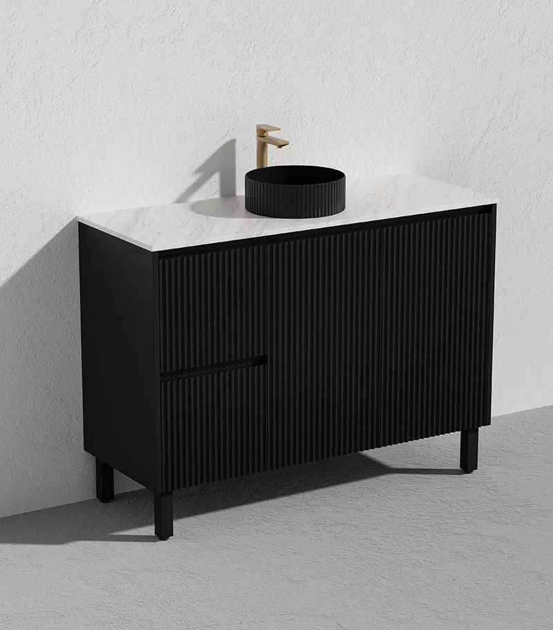 Brighton 1200mm Freestanding Vanity - Matt Black Marble Stone Top LH Drawers Brighton 1200mm Freestanding Vanity - Matt Black Marble Stone Top LH Drawers