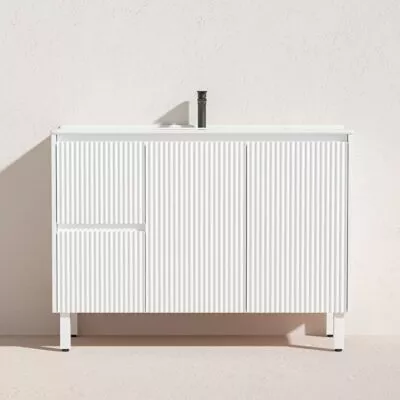 Brighton 1200mm Single Bowl Freestanding Vanity - Matt White Ceramic Top LH Drawers