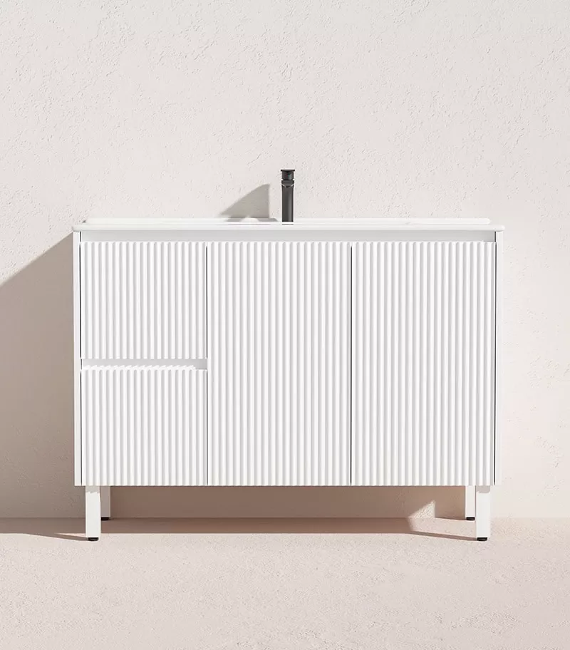 Brighton 1200mm Single Bowl Freestanding Vanity - Matt White Ceramic Top LH Drawers