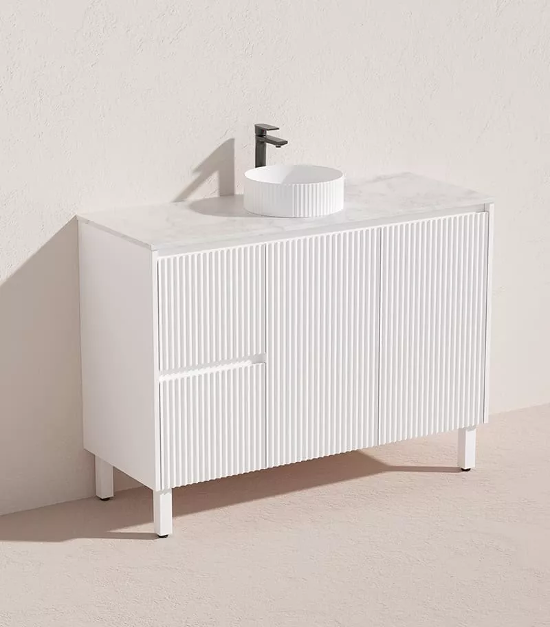 Brighton 1200mm Single Bowl Freestanding Vanity - Matt White Quartz Top LH Drawers Brighton 1200mm Single Bowl Freestanding Vanity - Matt White Quartz Top LH Drawers