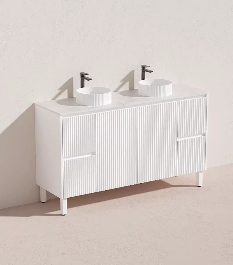 Brighton 1500mm Double Bowls Freestanding Vanity - Matt White Marble Stone Top Brighton 1500mm Double Bowls Freestanding Vanity - Matt White Marble Stone Top