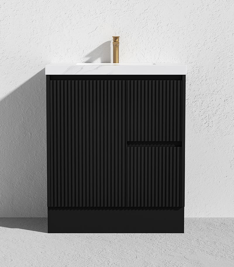 Brighton 750mm Freestanding Vanity - Matt Black Sintered Stone Top RH Drawers
